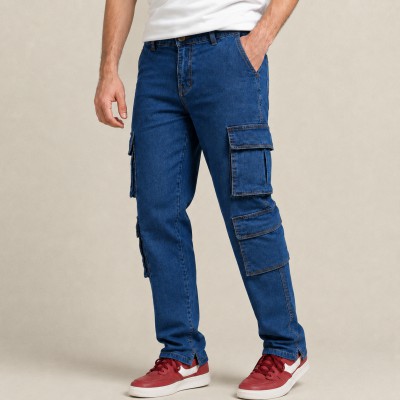 Men's Premium 8 Pocket Cargo Denim Jeans – Dark Blue