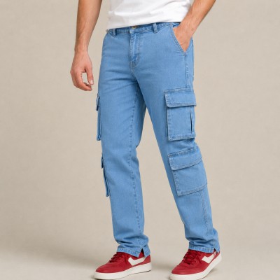 Men's Premium 8 Pocket Cargo Denim Jeans – Light Blue Wash