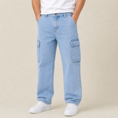 Men's Premium 6 Pocket Baggy Cargo Denim Jeans – Light Blue Wash