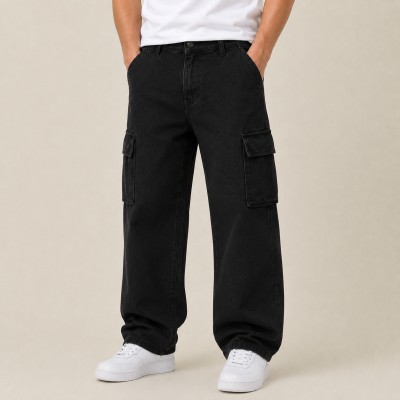 Men's Premium 6 Pocket Baggy Cargo Denim Jeans – Black Wash