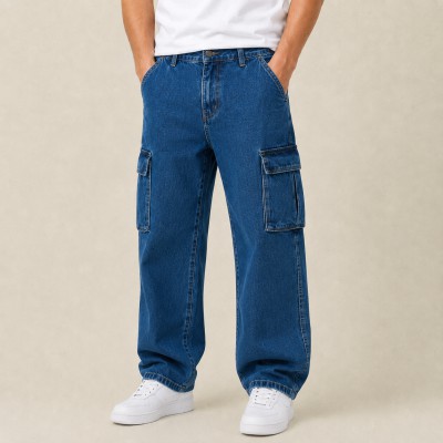 Men's Premium 6 Pocket Baggy Cargo Denim Jeans – Blue Wash
